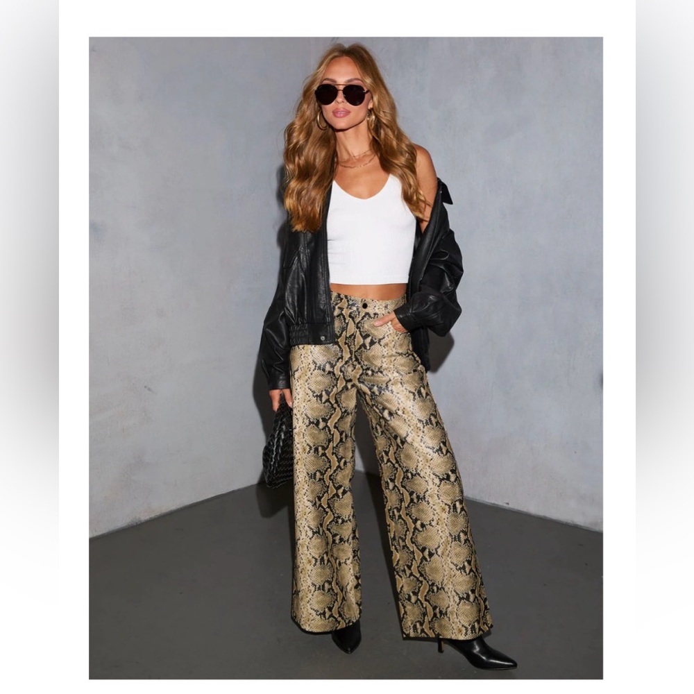 Snake Print Wide-Leg Vegan Leather Pants